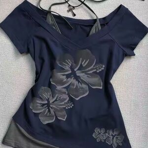 Floral V-Neck Women Top - Black